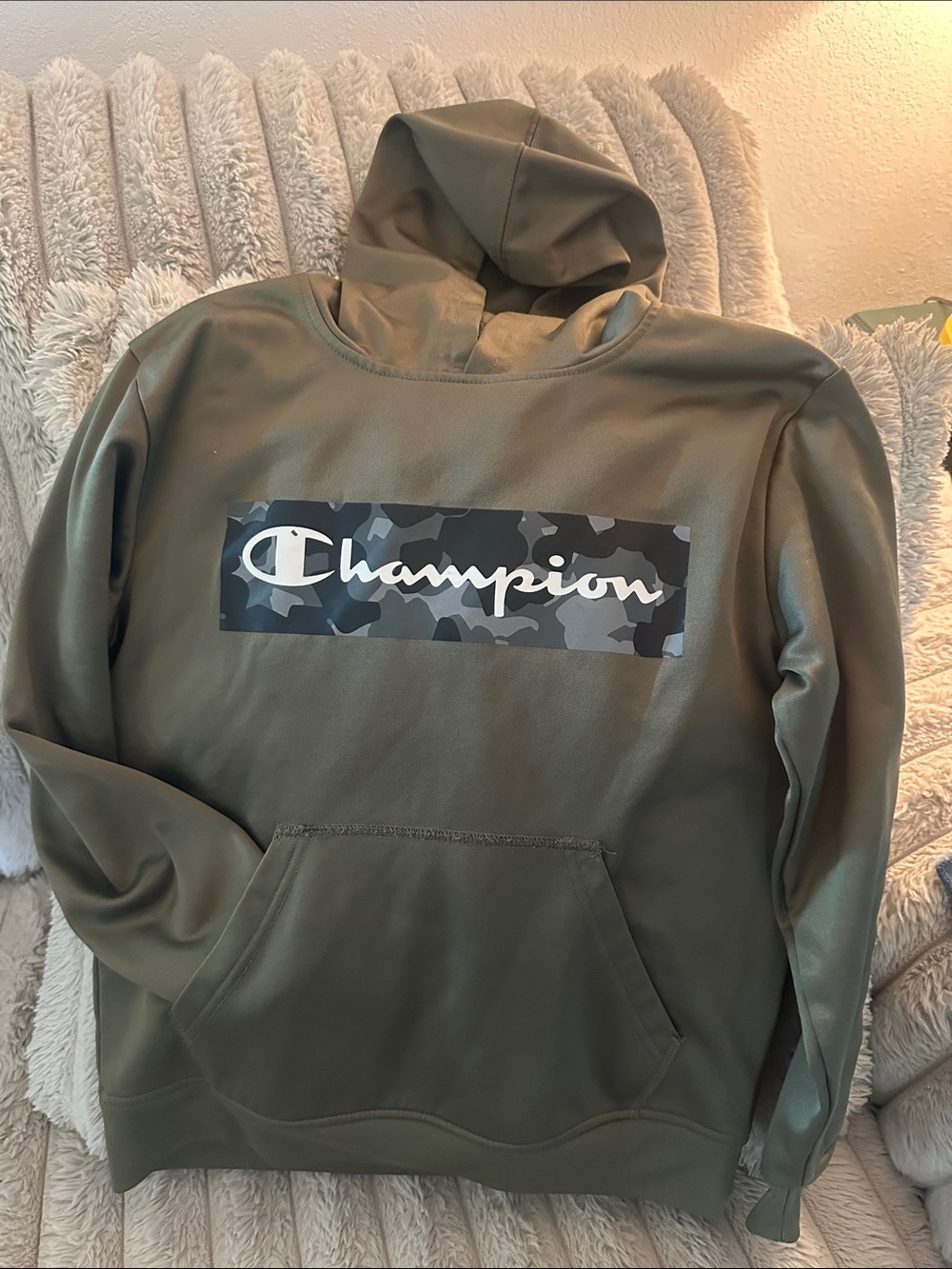 Champion Kids Olive Green Crewneck Hoodie with Camo Logo Panel